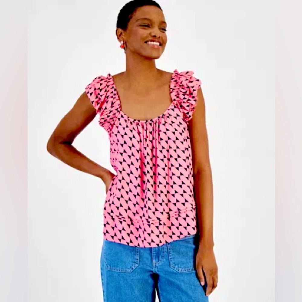 WOMEN'S PRINTED RUFFLE-STRAP SWINGY TANK, S - Picture 2 of 8